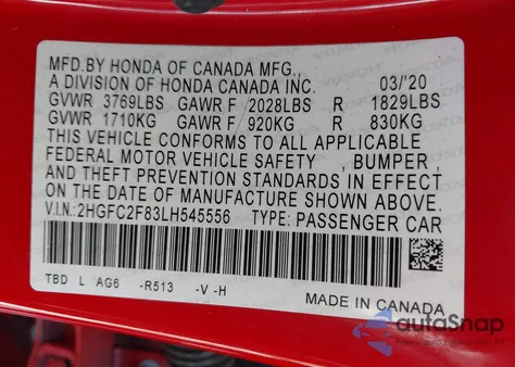 2020 Honda Civic Sport from USA, damaged, VIN 2HGFC2F83LH545556